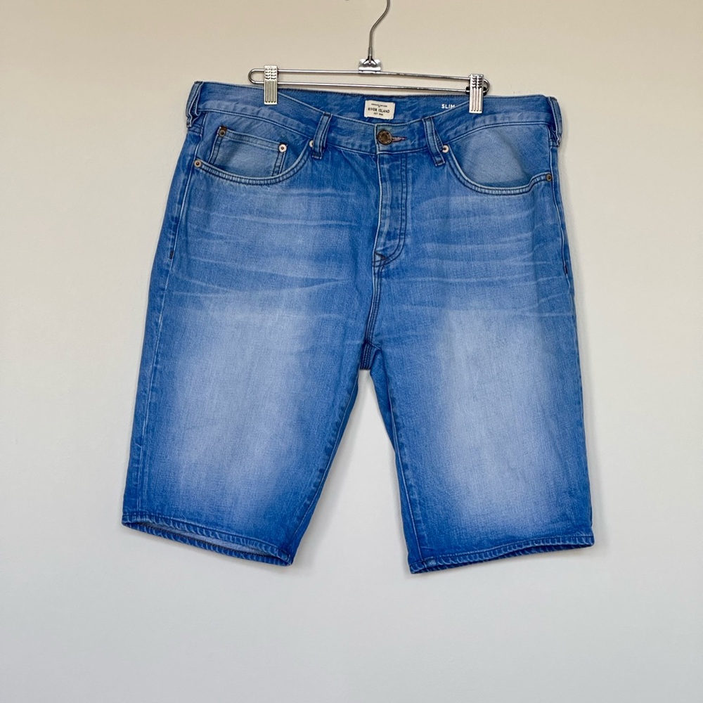 River Island Men's Denim Blue Shorts Slim Size‎ 36 Rise 11” Inseam 12”